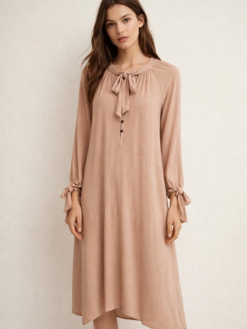 Zara trf Dress Medium Sand Oversized Maxi Button Cottagecore Prairie Drapey